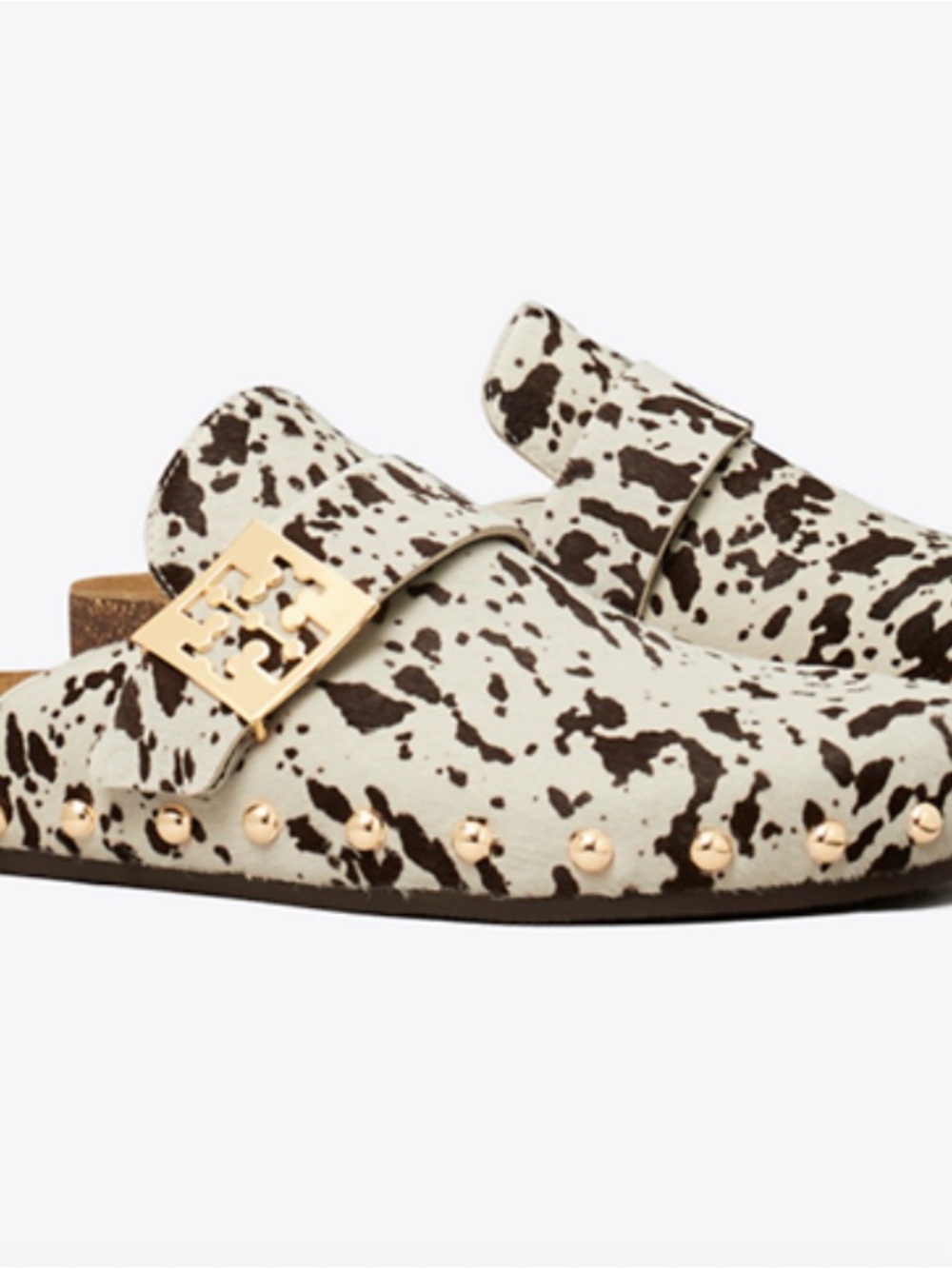 Tory Burch Cream and Dark Brown Cow-Print Slip-On Mules with Gold Hardware
